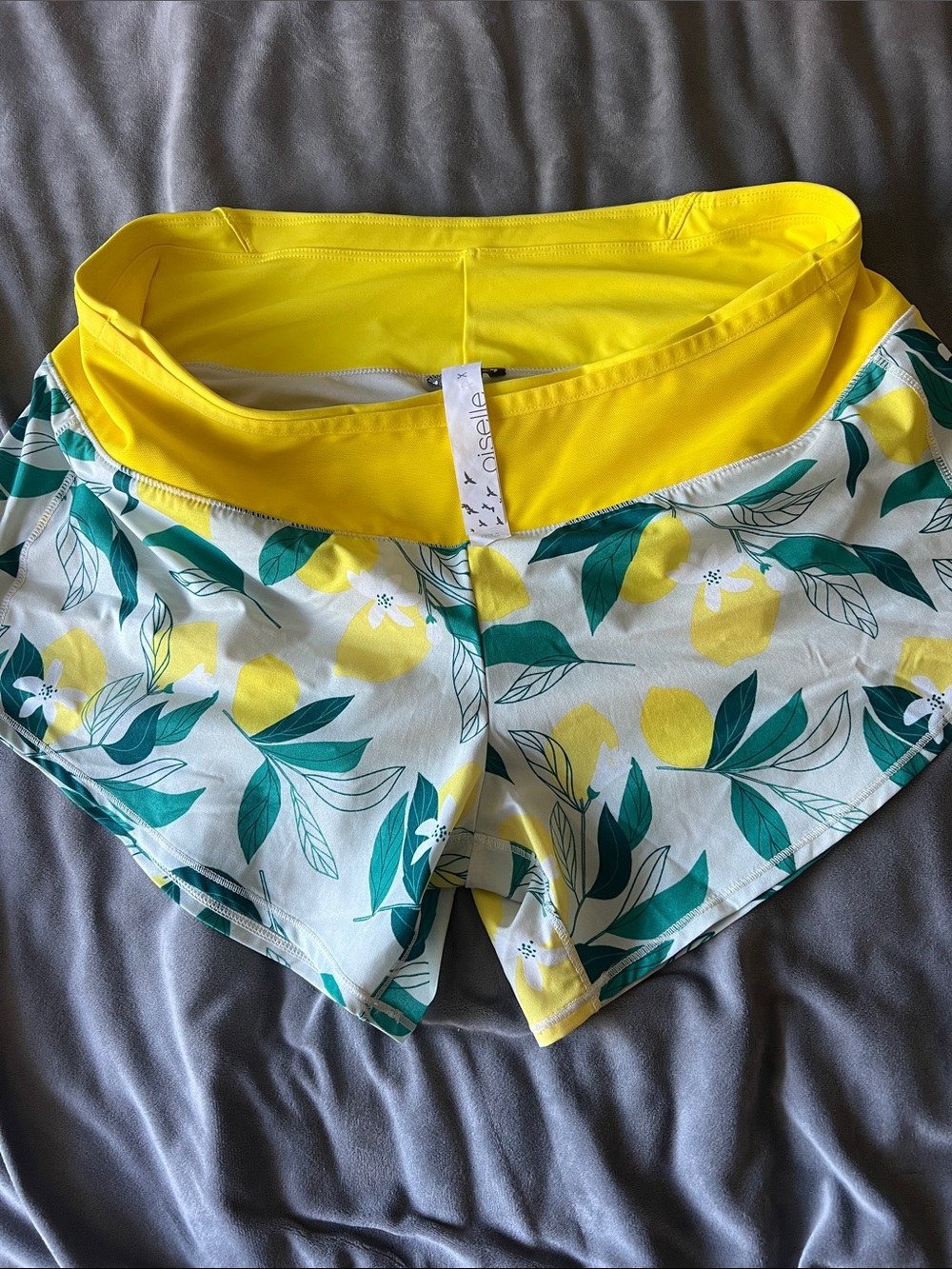 oiselle Lemon Print Athletic Running Shorts in Yellow and Green